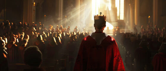 Majestic coronation scene with royal figure basked in ethereal sunlight in a cathedral.
