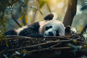 a panda is sleeping in the nest