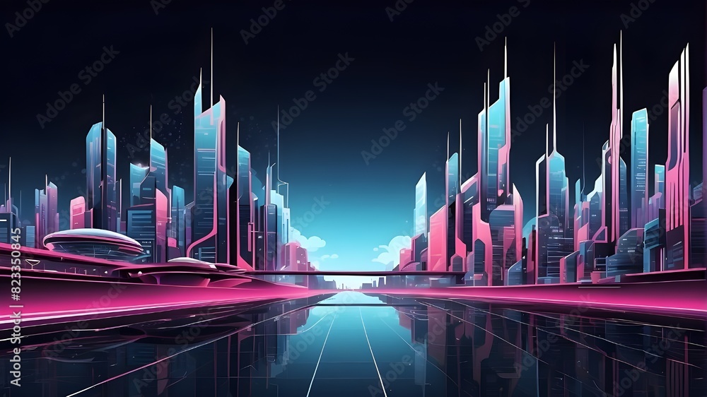 Poster vector image of a metropolis, with neon lights and metropolitan structures in space. futuristic, sci