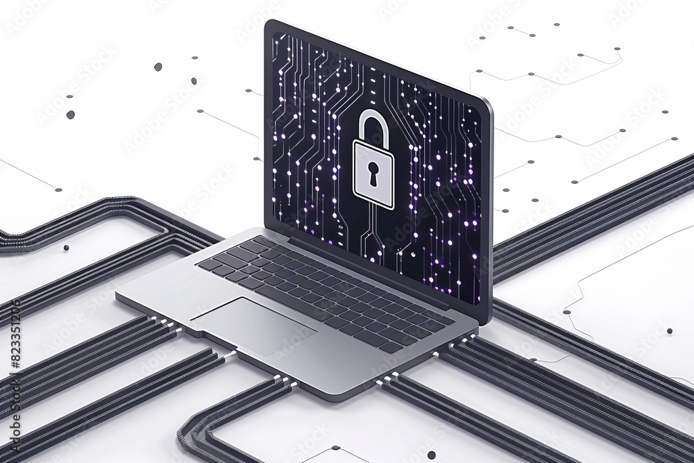 Poster minimalistic illustration of a laptop with a lock symbol, representing cybersecurity and secure onli