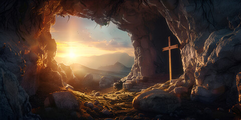 
Resurrection Of Jesus Christ, Tomb Empty With Shroud And Crucifixion At Sunrise Pro Photo