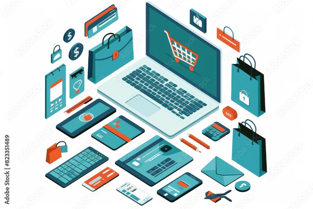 Poster modern illustration of a comprehensive e commerce ecosystem with various devices and security measur