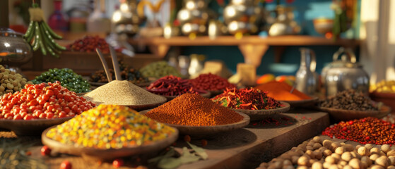 Aromatic spices displayed on wooden scoops and bowls invite a sensory culinary journey.