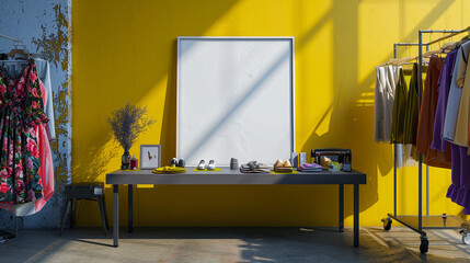 An avant-garde fashion designera??s studio with a blank frame under a grey table, deep yellow wall as a backdrop for creative displays.