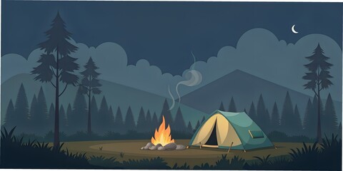 camping at night Background, open vector image, camping forest mountains, for postcards, nature