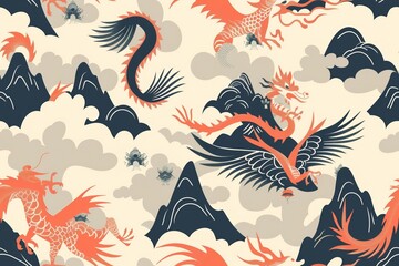 Obraz premium Seamless Pattern with Dragons and Phoenixes 