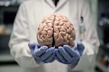 Scientist's hands holding a human brain and showing it to the camera