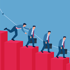 Men walk down stairs made of descending diagrams, an illustration for mass layoffs.