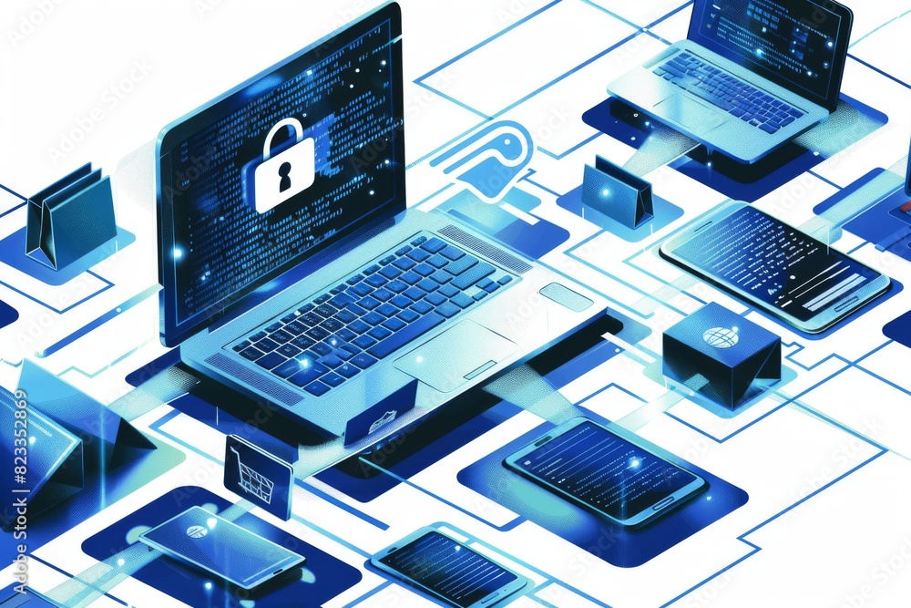 Poster high tech illustration of multiple digital devices and secure connections ensuring safe online trans