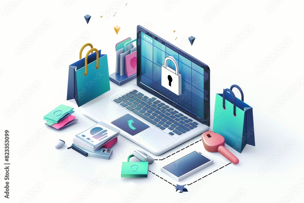 Aufkleber modern illustration of a secure e commerce platform with various digital devices and locks