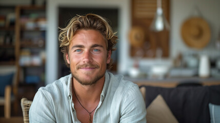 Obraz premium Handsome man with fine hair smile and sitting in chair
