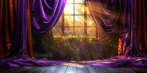 Sunlit window framed by elegant purple velvet curtains in a classical dark room. Concept Window Design, Purple Curtains, Classical Interior, Sunlit Space