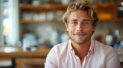 Obraz premium Handsome 30 years old blond man with fine hair smile and sitting in chair