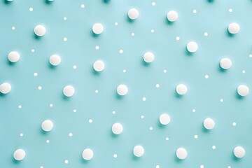 Minimalist turquoise background with white polka dots and scattered pills