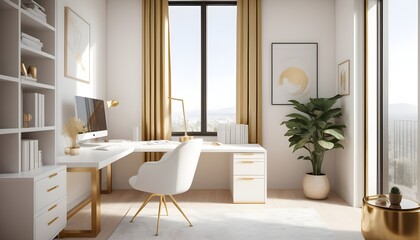 white and gold theme interior modern minimalism photo realism