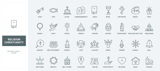 Love and belief, worship in temple, online religious service search thin black and red outline vector illustration. Christian religion holidays and symbols, church for prayers line icons set