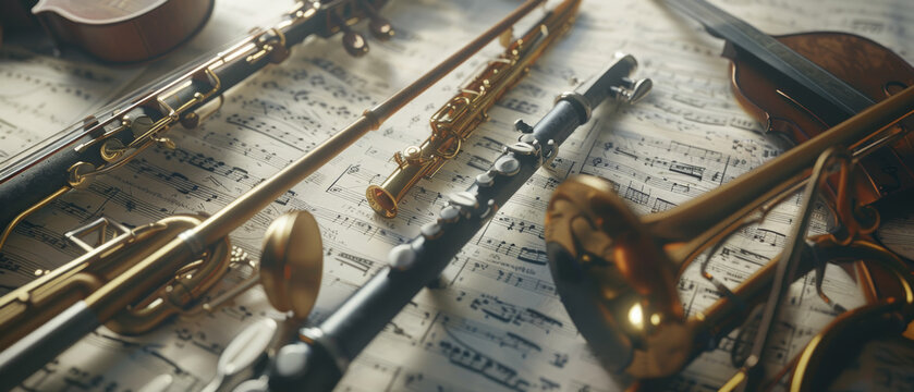 An elegant still life of brass and woodwind instruments against a backdrop of sheet music.