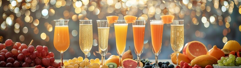A luxurious mimosa bar with champagne flutes, various fruit juices, and a selection of fresh fruit...