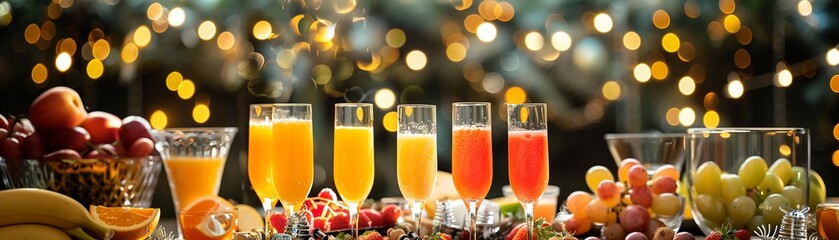 A luxurious mimosa bar with champagne flutes, various fruit juices, and a selection of fresh fruit...