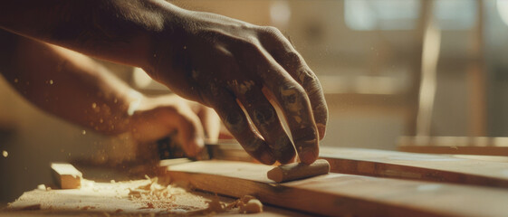 A craftsman's hand chiseling wood amidst a warm glow of creativity.