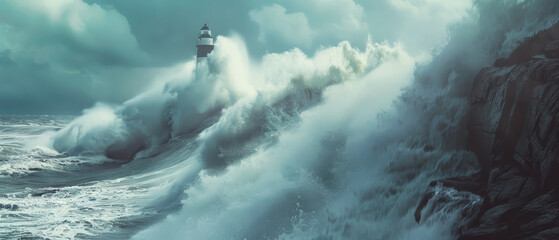 Majestic waves crash near a lighthouse, showcasing nature's dramatic force. - Powered by Adobe