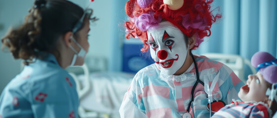 A clown brings joy in a hospital room, sparking wonder in a child's eyes.