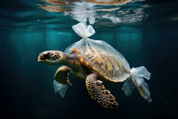Flexible Turtle plastic bag. Waste marine animal. Generate Ai
