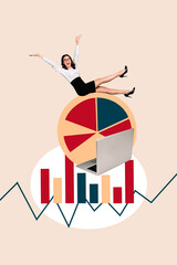 Vertical photo collage of happy businesswoman diagram statistics macbook success project winner promotion isolated on painted background
