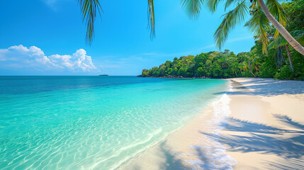 Tropical beach with turquoise waters and palm trees.