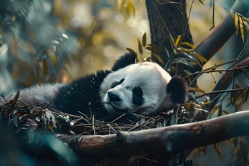 a panda is sleeping in the nest