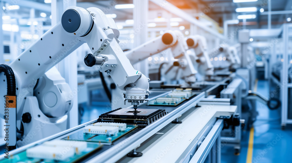 Poster a factory with robots working on a production line. the robots are white and are working on a blue s