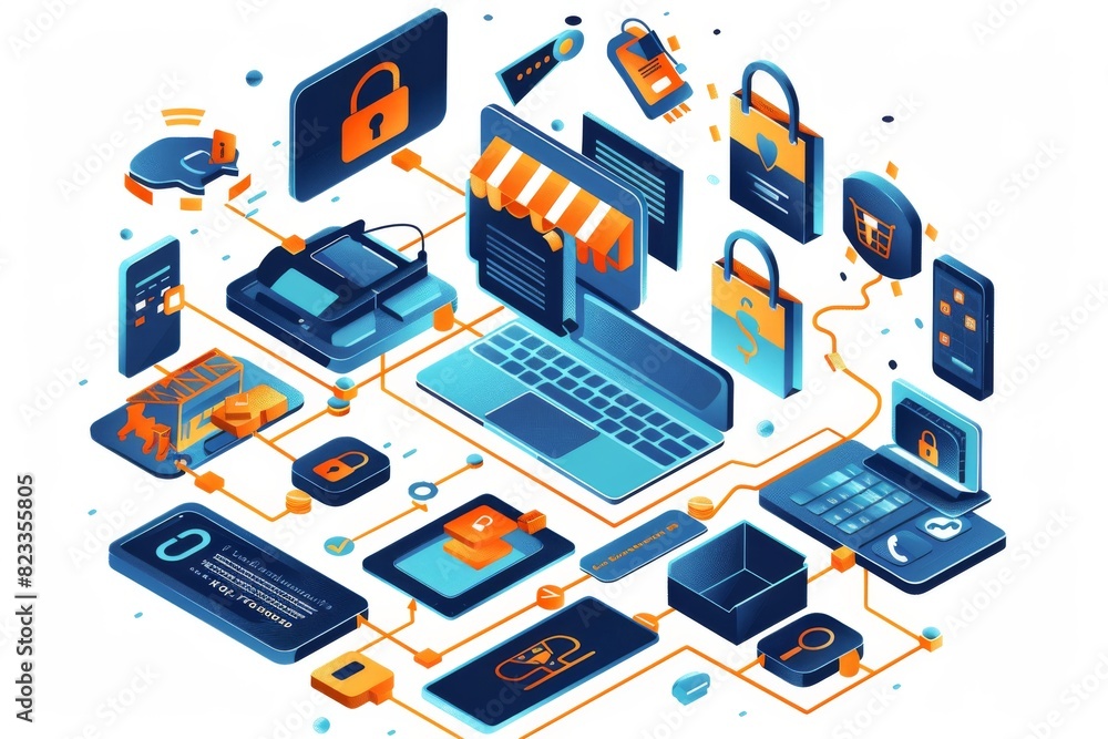 Aufkleber detailed illustration of a comprehensive online shopping network with various devices and secure tra