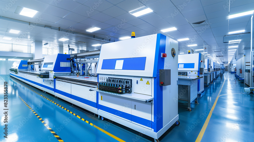 Poster a factory with robots working on a production line. the robots are white and are working on a blue s