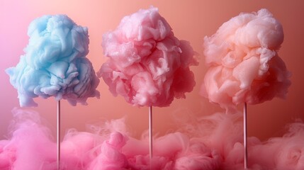 Three cotton candy confections in pastel colors presented on sticks with a dramatic smoke effect in the background