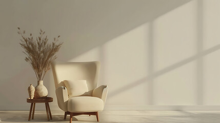 Minimalist living room: 3D render of armchair and decor against white wall