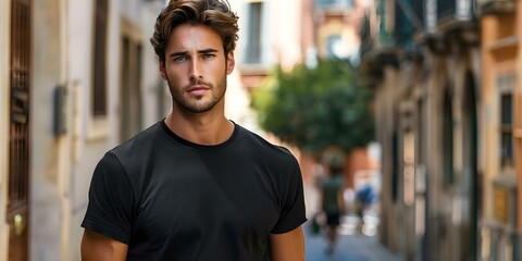 Male model showcasing black t-shirt on street with central copy space and selective focus. Concept Fashion Photography, Street Style, Menswear, Urban Setting, T-Shirt Advertising