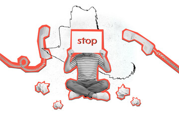Composite trend artwork sketch image collage of silhouette young man sit lotus pose cover head...