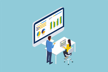 Business team analytics and monitoring on web report dashboard. Vector illustration.