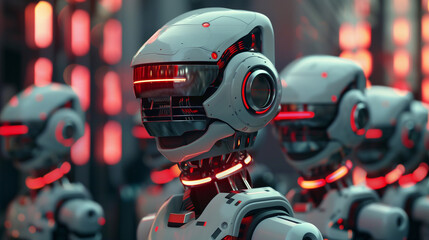 Fototapeta premium A group of robots are walking down a street in the rain. The robots are all black and have glowing eyes. The scene is set in a futuristic world where robots are a common sight