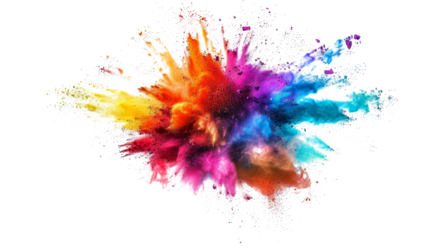 A burst of colorful chalk pieces and powder, flying in an explosion effect, isolated on a white background, clipping path, cut out