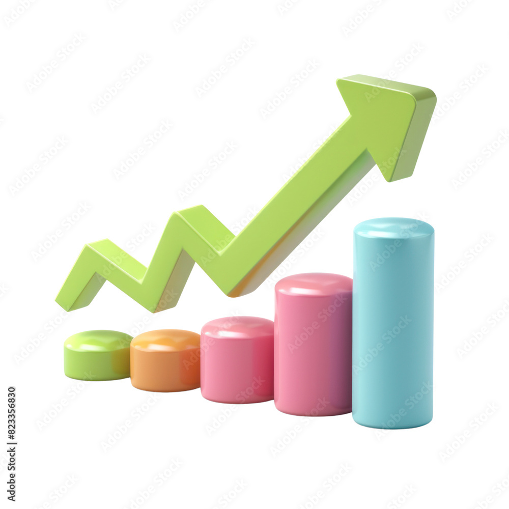 Poster colorful 3d bar graph with upward arrow isolated on transparent background. representation of growth