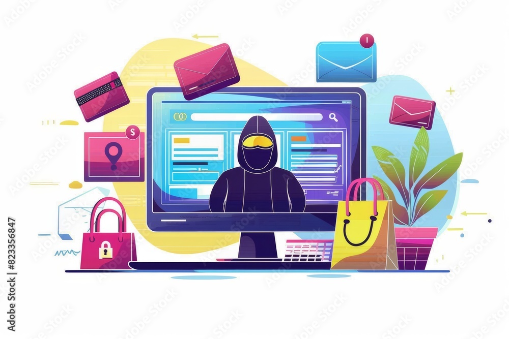 Poster vibrant illustration of a digital hacker accessing a secure shopping platform, emphasizing cyber sec