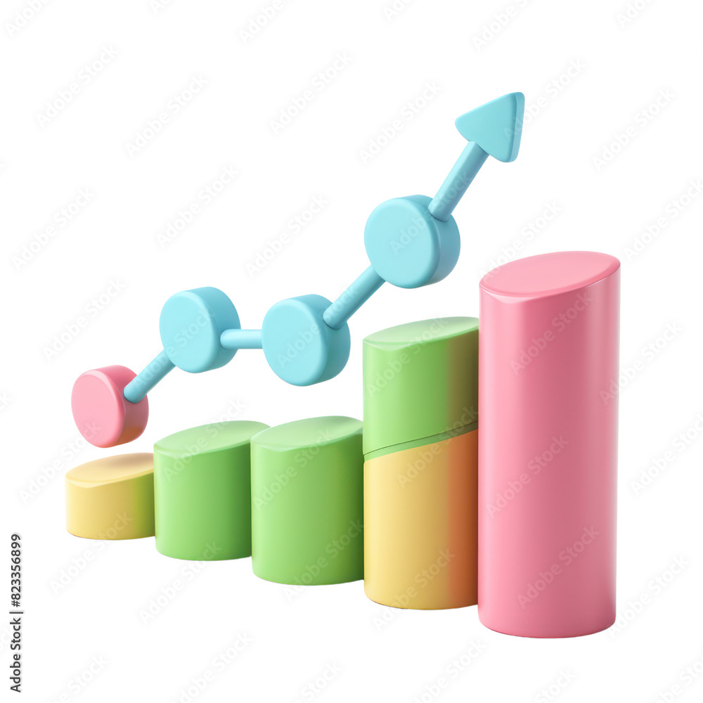 Poster colorful 3d bar graph with upward arrow isolated on transparent background. representation of growth