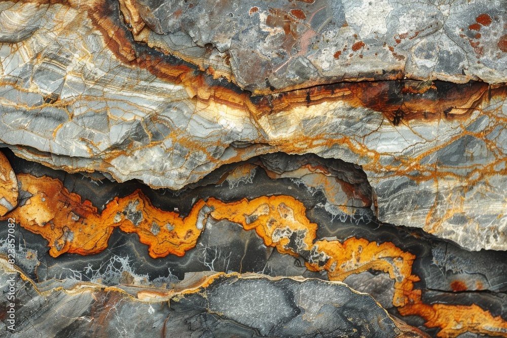 Poster macro photography of the cross-section of an agate stone, revealing fiery orange bands and patterns