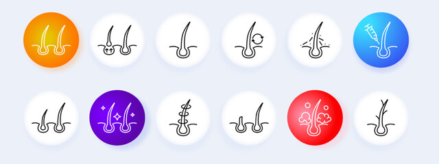 Hair set icon. Haircut, cream, shampoo, trichology, moisturizing, dandruff, split ends, itchy skin, cream, nutrition, strengthening, split ends, salon treatments, fragility. Hair protect concept.