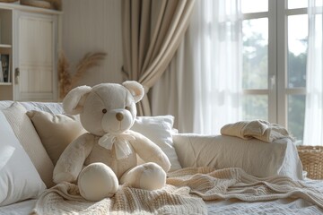 Spacious children's room with a toy bear on white bed, stylish decor and ample natural light from large windows.