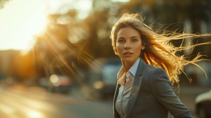 Obraz premium Businesswoman in motion on a busy street.