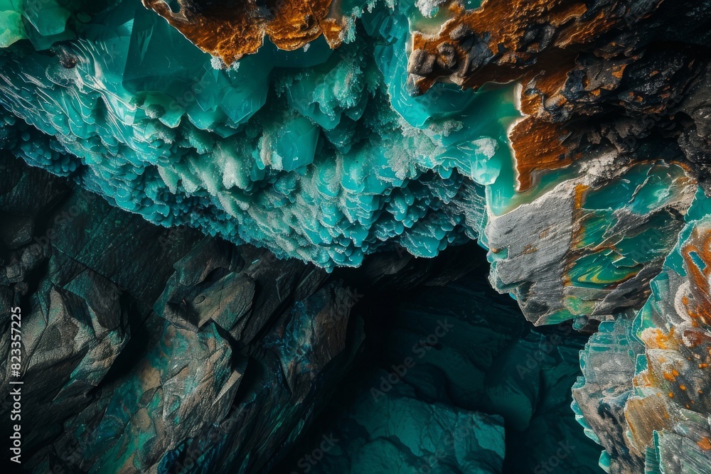 Poster a vibrant and intricate cave ceiling showing the play of color and geological formations