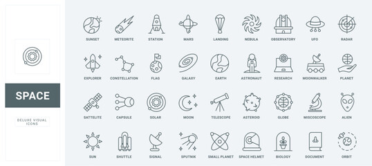 Outline symbols of interstellar mission and shuttle to travel to planets and stars and explore cosmos, scientific astronomy study. Space research thin black and red line icons set vector illustration © Iconic Prototype