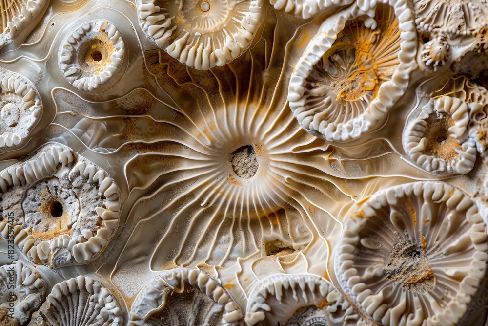 Poster detailed close-up of ancient ammonite fossils embedded in rock, showcasing natural history and prehi